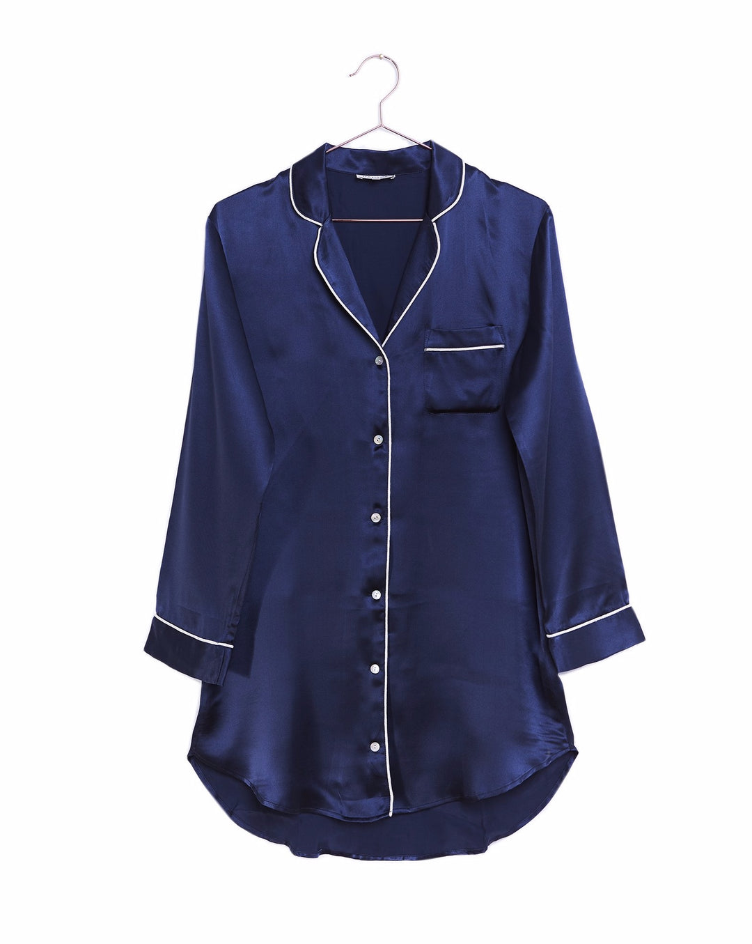 silk button up night dress Button Up Collared Neck Night Dress with Pocket Black / S